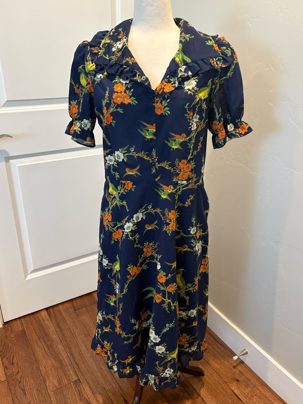 Vintage Navy Floral Ruffle V-Neck Dress Cotton Size Small/Medium